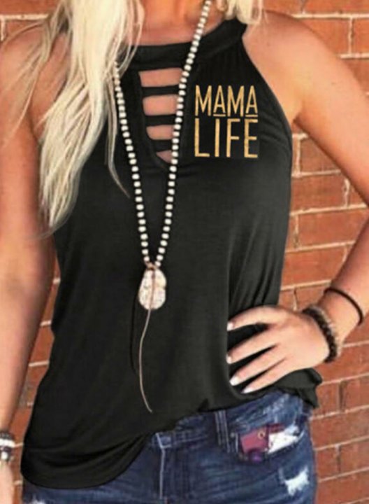 Women's Mama Life Letter Print Tank Tops Sleeveless Round Neck Casual Cut-out T-Shirt Tank