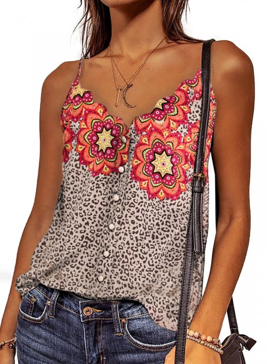 Women's Cami Tops Floral Leopard Button Sleeveless Spaghetti Casual Boho Cami Tops