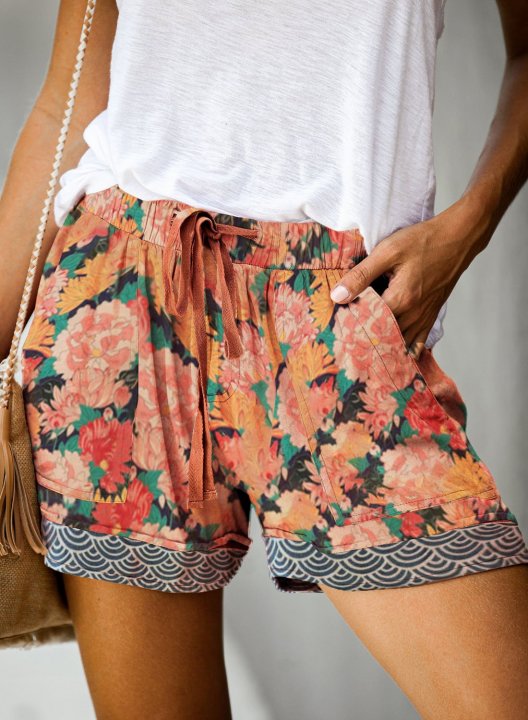 Women's Shorts Floral Straight Mid Waist Drawstring Summer Casual Daily Shorts