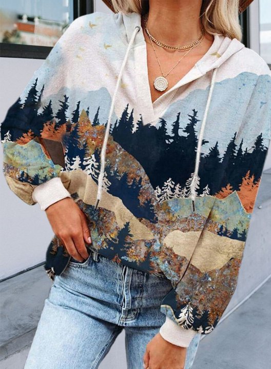 Gradient Landscape Forest Mountain Women's Hoodies Oil-painting Print Hoodie