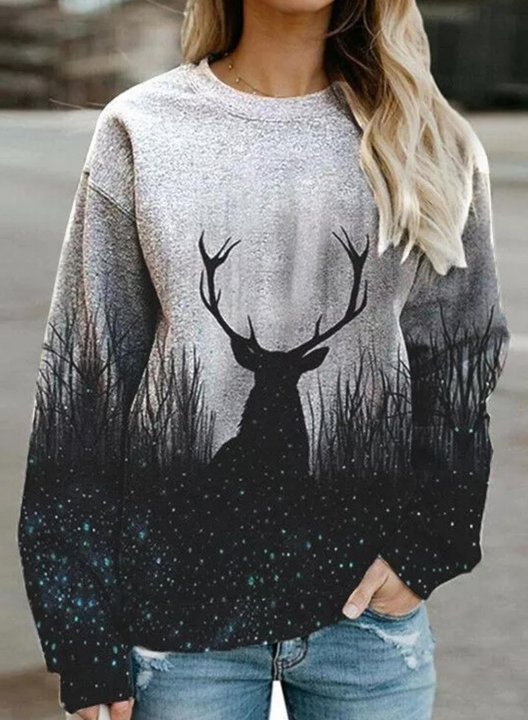 Deer Under The Starry Sky Art Print Women's Sweatshirts Gradient Color Block Animal Print Sweatshirt