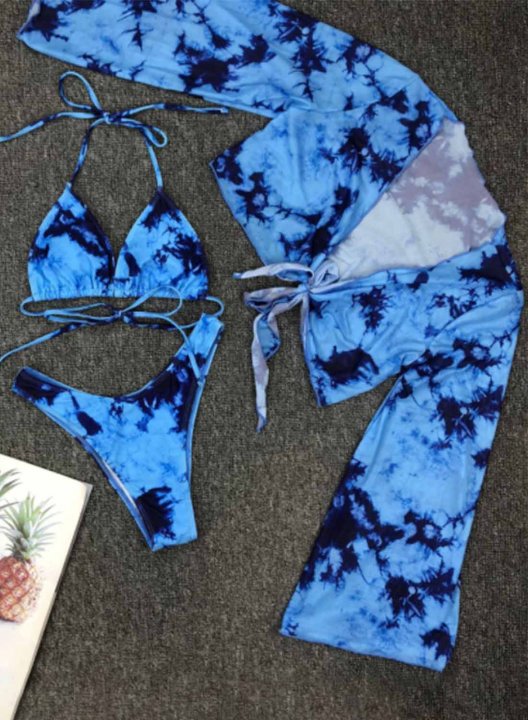 Women's Bikinis Leopard Tiedye Sleeveless Vacation Beach Three-piece Bikini Sets