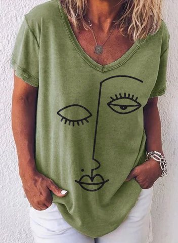 Women's T-shirts Abstract Face Print Short Sleeve V Neck Daily T-shirt