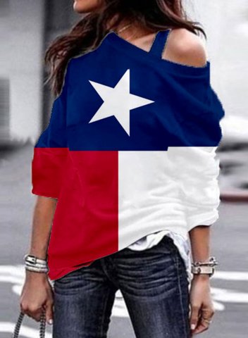 Women's Texas Flag Print Sweatshirt Multicolor Star Off Shoulder Long Sleeve Asymmetrical Neck Casual Pullovers