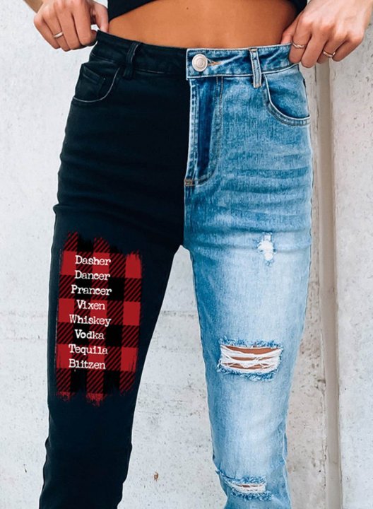 Women's Jeans Casual Plaid High Waist Slim Color Block Ankle-length Jeans