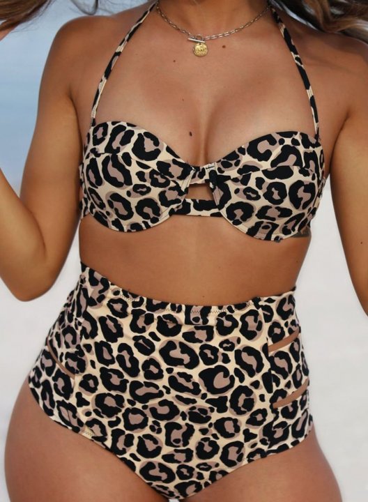 Women's Bikinis Leopard Padded Halter Adjustable Knot Cut-out Vacation Bikini