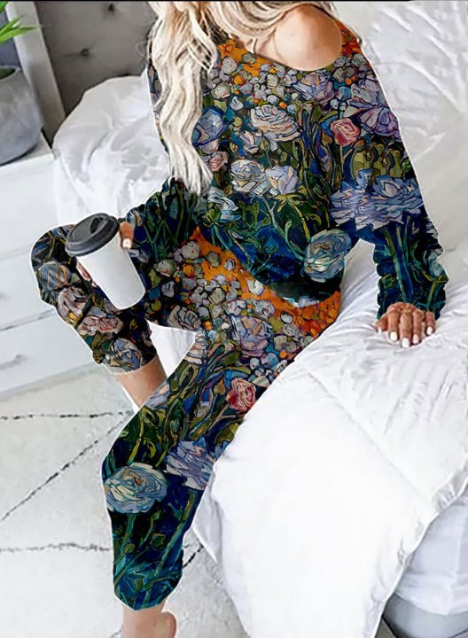 Women's Loungewear Sets Floral Multicolor Long Sleeve Round Neck Daily Vintage Loungewear Sets