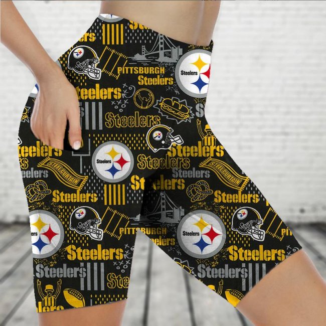 PITTSBURGH STEELERS Sports Stretch Fitness Running Side Pocket Shorts Tight-Fitting High-Waist Yoga Pants