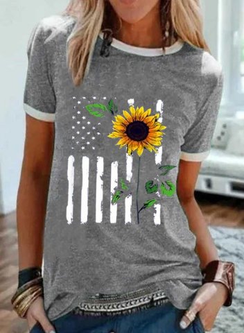 Women's T-shirts American Flag Sunflower Short Sleeve Round Neck Casual Daily T-shirts