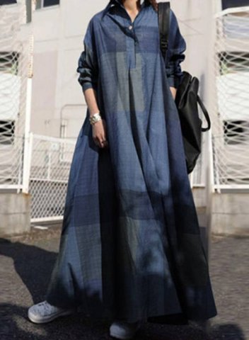 Women's Maxi Dresses Plaid Long Sleeve A-line Turn Down Collar Casual Dress