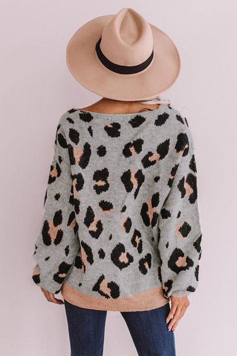 Women's Sweaters V-neck Leopard Print Puff Sleeve Sweaters