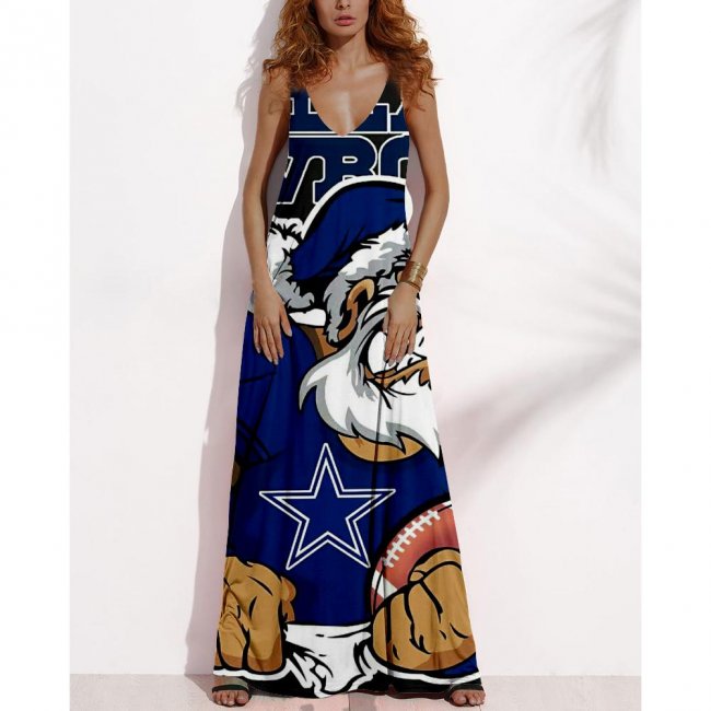 Women's Summer DALLAS COWBOYS Fan Print V-neck Sleeveless Loose Long A-line Dress