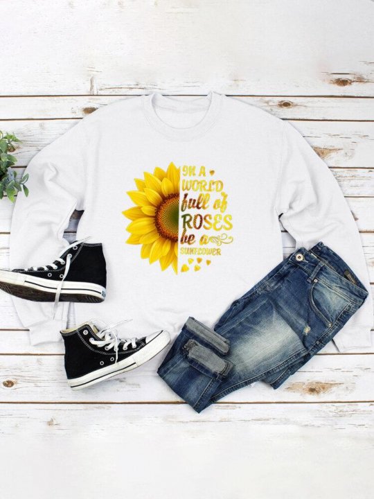 Sunflower Print O-neck Long Sleeves Casual Sweatshirt