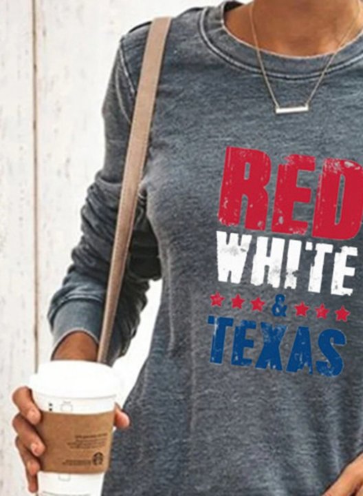 Women's T-shirts Letter Red White & Texas Print Color Block Print Long Sleeve Round Neck Daily T-shirt