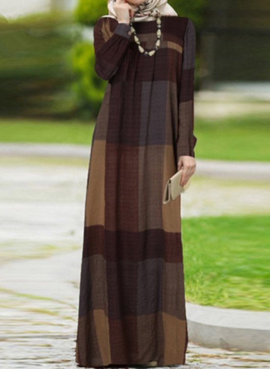 Women's Maxi Dresses Plaid Long Sleeve A-line Round Neck Daily Dress