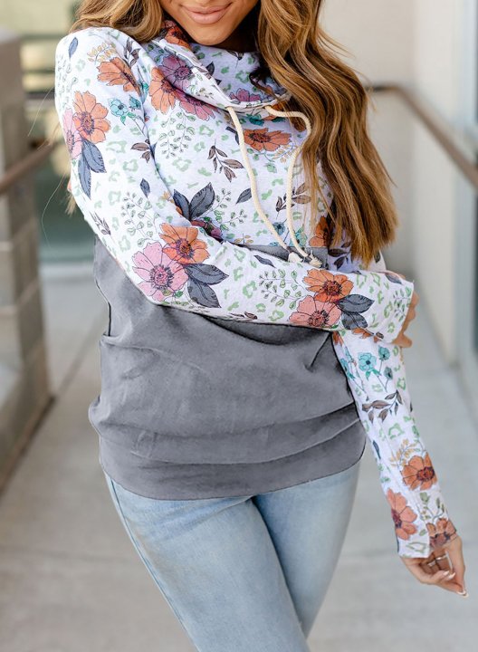 Color Block Long Sleeve High Neck Floral Sweatshirt