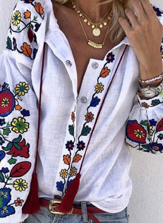 Women's Shirts Floral Embroidery Long Sleeve V Neck Daily Boho Shirt