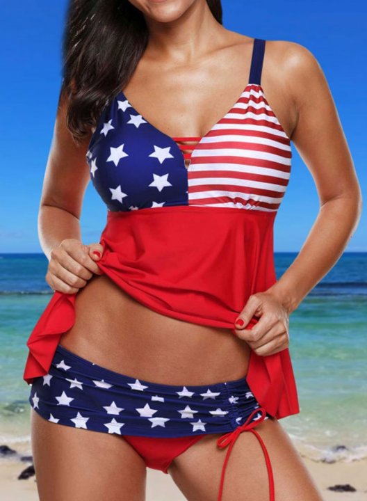 Women's Tankinis Mid Waist American Flag Padded Knot Spaghetti Beach Casual Tankinis