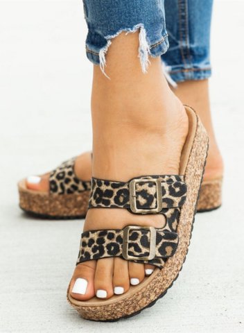 Women's Sandals Leopard Eyelet Rubber Casual Low Beach Sandals