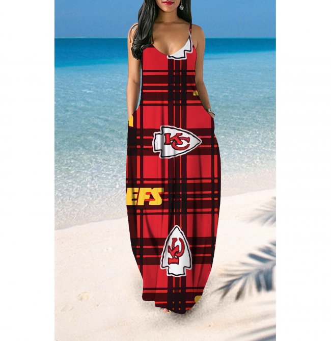 V-neck Kansas City Chiefs Print Sleeveless Sling Long Loose Dress