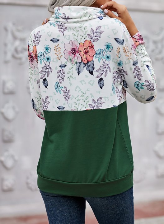 Color Block Long Sleeve High Neck Floral Sweatshirt