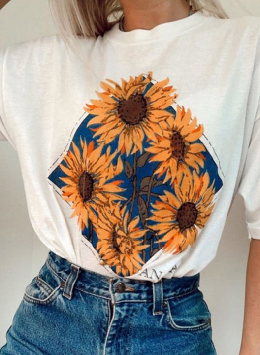 Women's T-shirts Sun-flower Short Sleeve Round Neck Daily Casual T-shirt