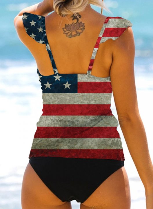 Women's Tankinis American Flag V Neck Padded Ruffle Tankini