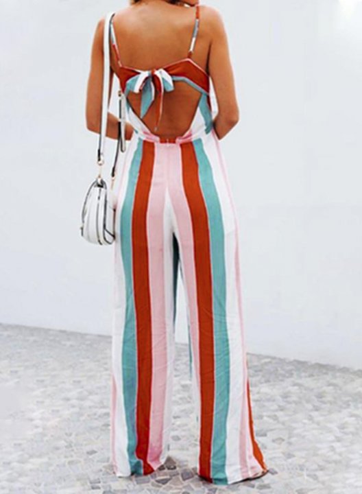 Women's Jumpsuits Straight Striped High Waist Daily Full Length Casual Open-back Knot Jumpsuits