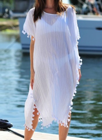 Women's Midi Dress Solid Shift Fringe Short Sleeve Round Neck Vacation Beach Midi Dress