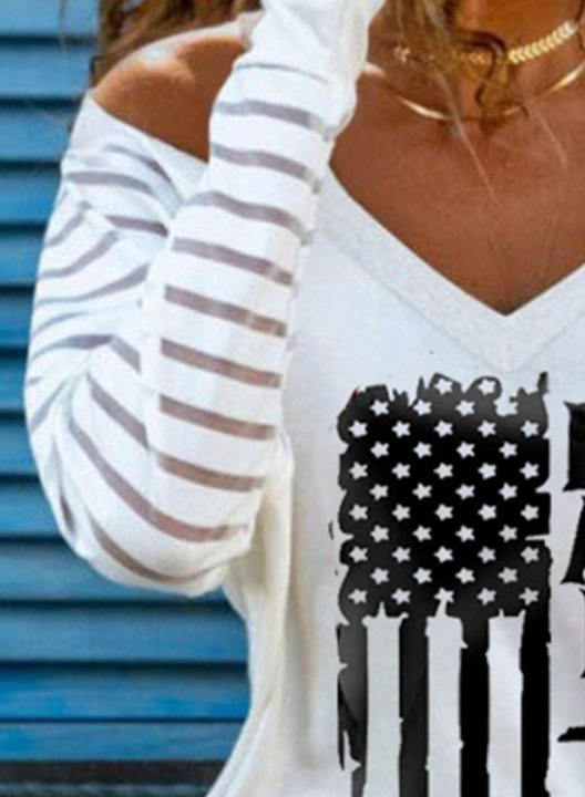 Women's T-shirts Letter American Flag V Neck Cold Shoulder Long Sleeve Casual Daily T-shirts