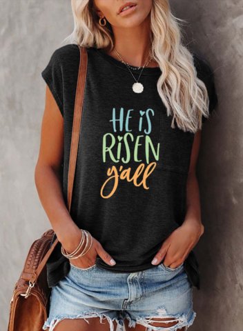 Women's T-shirts Solid Letter Round Neck Short Sleeve Casual Daily T-shirts