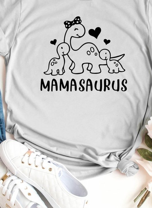 Women's T-shirts Casual Letter Mama Saurus Print Solid Round Neck Short Sleeve Daily T-shirts