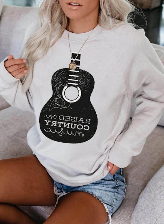 Women's Country Music Sweatshirts Guitar Letter Print Long Sleeve Round Neck Casual Sweatshirt