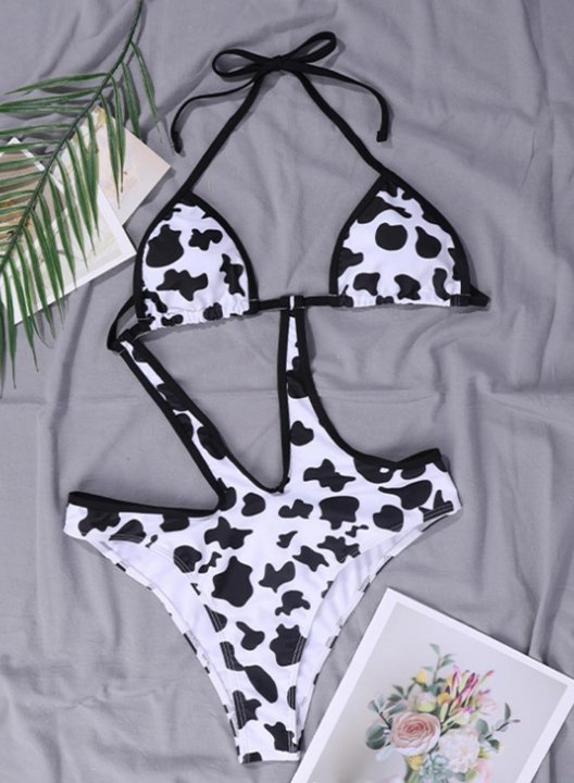 Women's One Piece Swimwear Color Block Leopard V Neck Criss Cross Open Back One-Piece Swimsuit