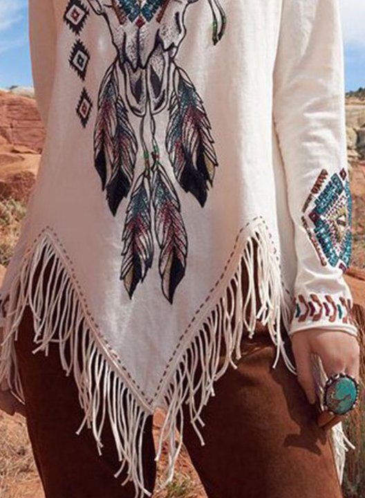 Women's Tunic Tops Tribal Color-block Long Sleeve Round Neck Fringe Tassels Tunic Top