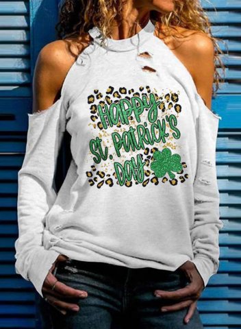 Women's St.Patrick's Day Sweatshirt Shamrock Print Letter Leopard Cold Shoulder Long Sleeve Round Neck Sweatshirt