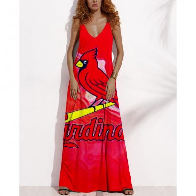 Women's Summer ST. LOUIS CARDINALS Fan Print V-neck Sleeveless Loose Long A-line Dress