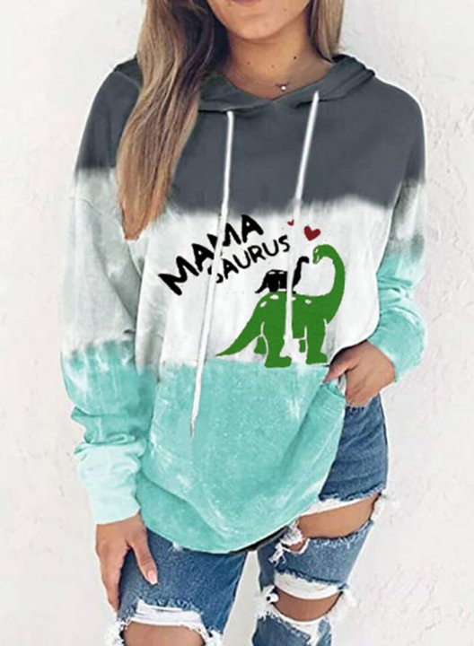 Women's Mama Saurus Hoodies Color-block Animal Letter Print Long Sleeve Hoodie