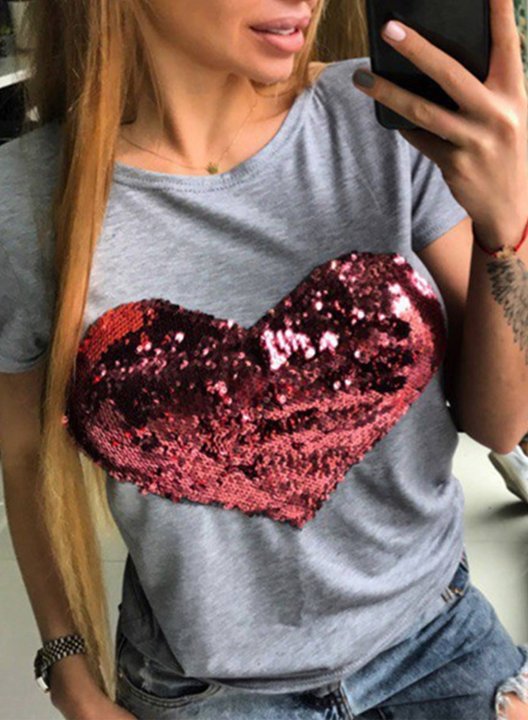 Women's Shirt Color Block Heart Print Sequin Short Sleeve Round Neck Daily T-shirt