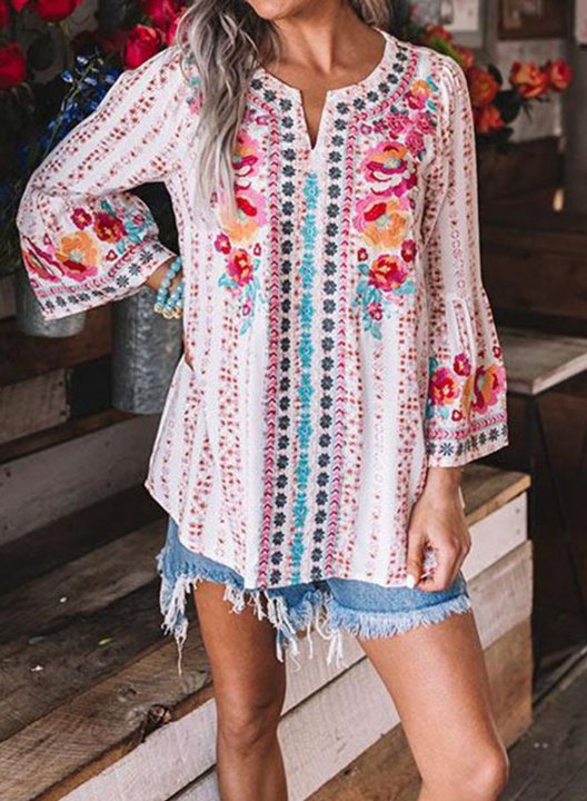 Women's Blouses Tribal Color Block V Neck Long Sleeve Daily Boho Blouses