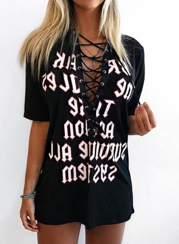 Women's T-shirts Letter Print Short Sleeve V Neck Knot Casual Graphic T-shirt