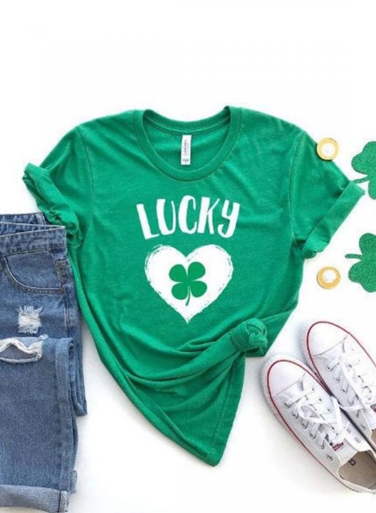 Women's St Patrick's Day T-shirts Color Block Lucky Shamrock Print Short Sleeve Round Neck Daily T-shirt