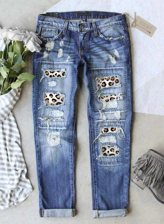 Women's Jeans Straight Leopard Low Rise Jeans