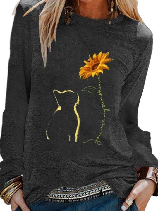 Cats & Sunflower Print Long Sleeve Shirts & Tops