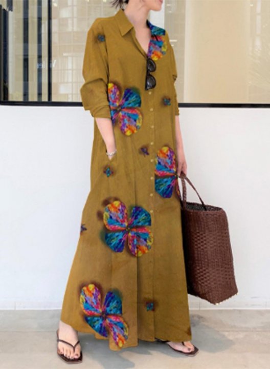 Women's Maxi Dresses Floral Long Sleeve Fit & Flare Turn Down Collar Casual Vintage Maxi Dress