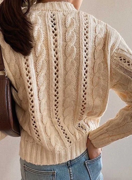 Women's Cardigans Solid Long Sleeve Round Neck Buttons Cut-out Knitted Cardigan