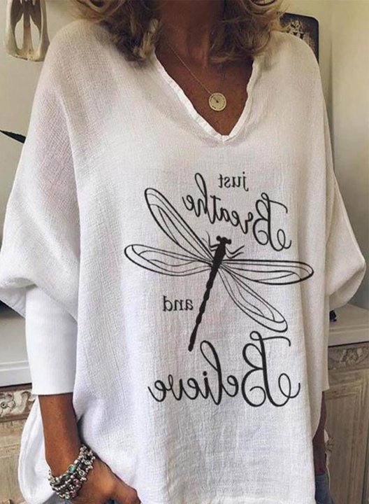 Women's Just Breathe and Believe Sweatshirt Casual Dragonfly Solid V Neck Long Sleeve Daily Pullovers