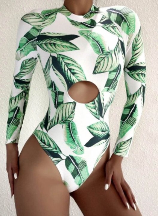 Women's One-Piece Swimsuits One-Piece Bathing Suits Tropical Long Sleeve Crew Neck Cut Out One-Piece Swimsuit