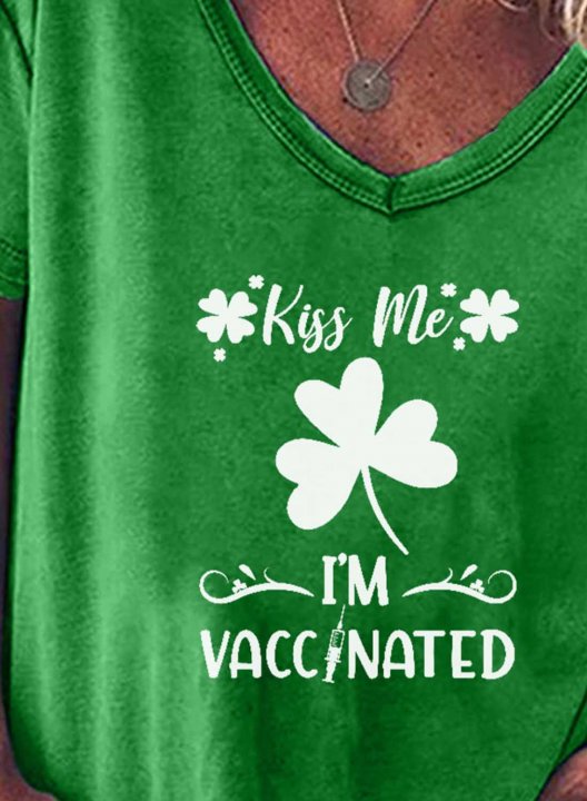 Women's T-shirts Shamrock Print Funny Kiss Me I'm Vaccinated St Patrick's Day Gift Short Sleeve V Neck Daily T-shirt