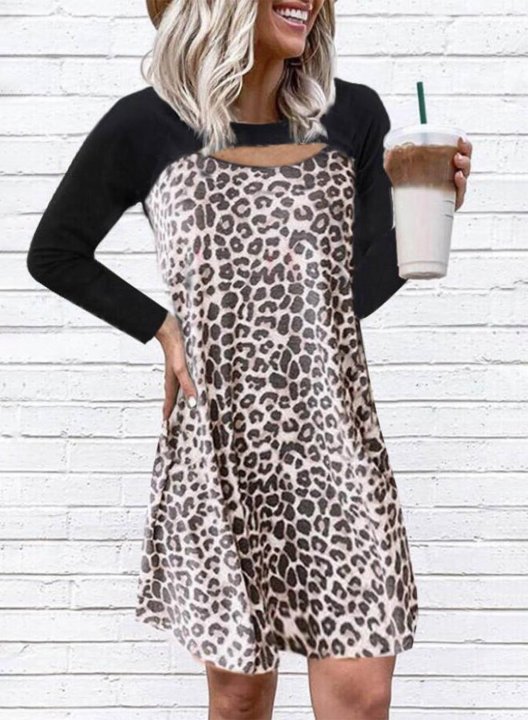 Women's Mini Dresses Leopard Color Block Long Sleeve Round Neck Vintage Mini Dress